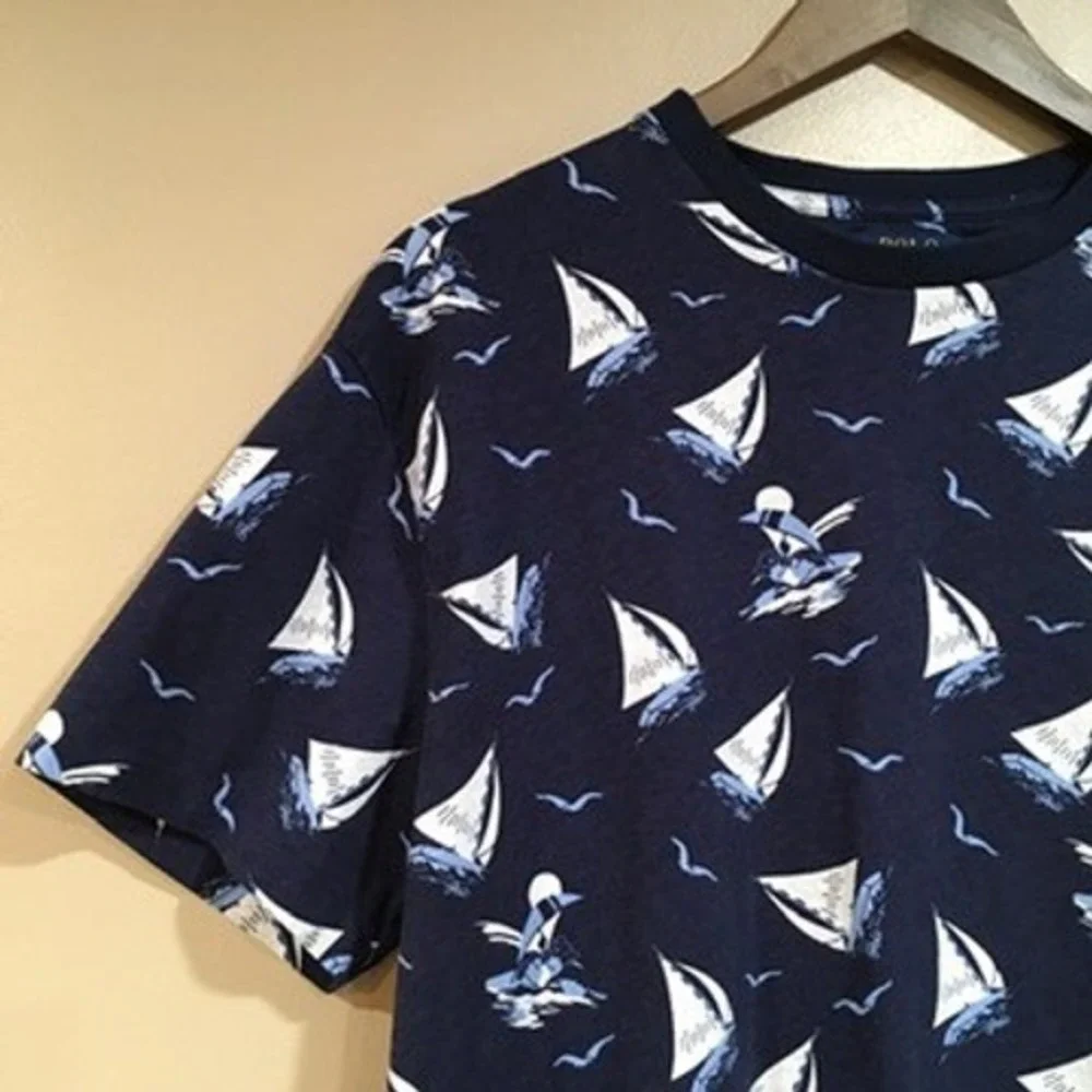 Polo Ralph Lauren Sailboat Print T-Shirt Mens L Navy Nautical Preppy Pony Resort